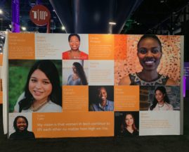 A collage of photos and quotes from women technologists is featured at the GHC 18 "Our Time" Gallery