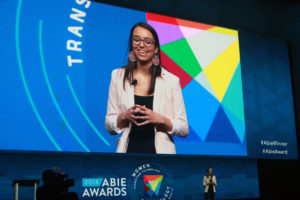 Mariana Costa Checa gives a speech while accepting her Change Agent Abie Award at the GHC 18 Opening Keynote