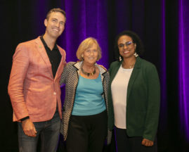 Ryan Carson of Treehouse stands with Telle Whitney and Brenda Darden Wilkerson at GHC 19